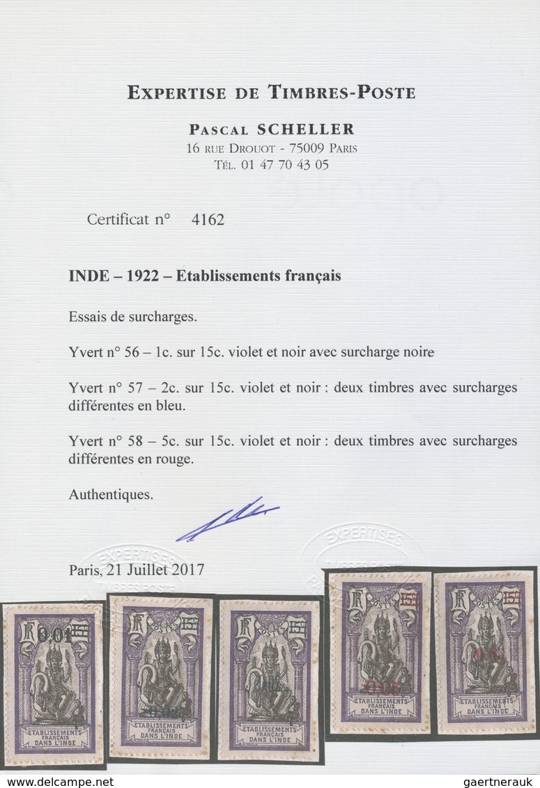 Brfst Französisch-Indien: 1922, Five Different Overprint Proofs On 15C. Violet/black, 0,01 Fr. In Black, T - Ongebruikt