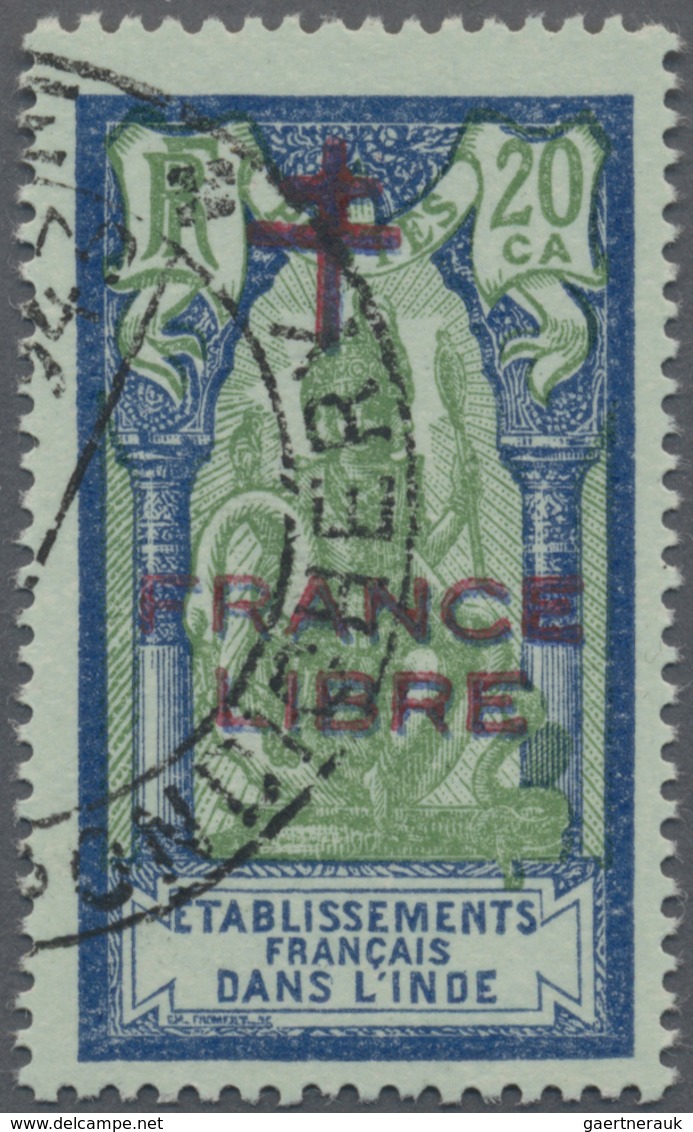 O Französisch-Indien: 1943, FRANCE LIBRE Overprint, Double Surcharge (in Red And In Blue) On 20ca. Blu - Gebruikt