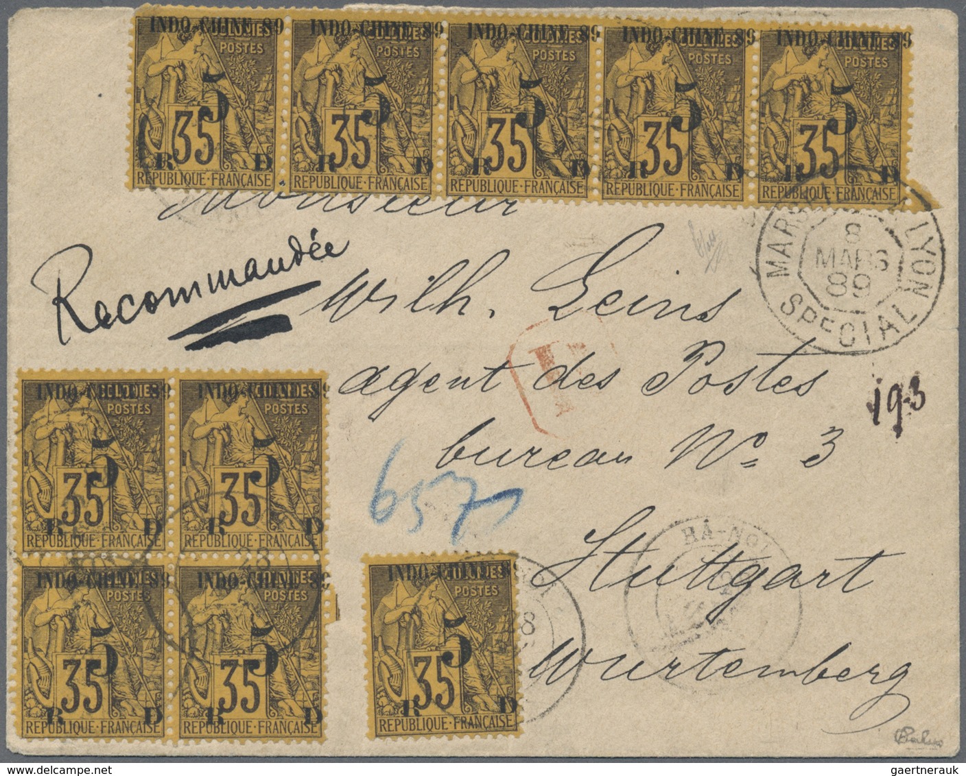 Br Französisch-Indochina: 1889, 5 C./35 C. (10, Inc. Strip-5 And Block-4) Tied "HA-NOI 23 MARS 89" To R - Brieven En Documenten