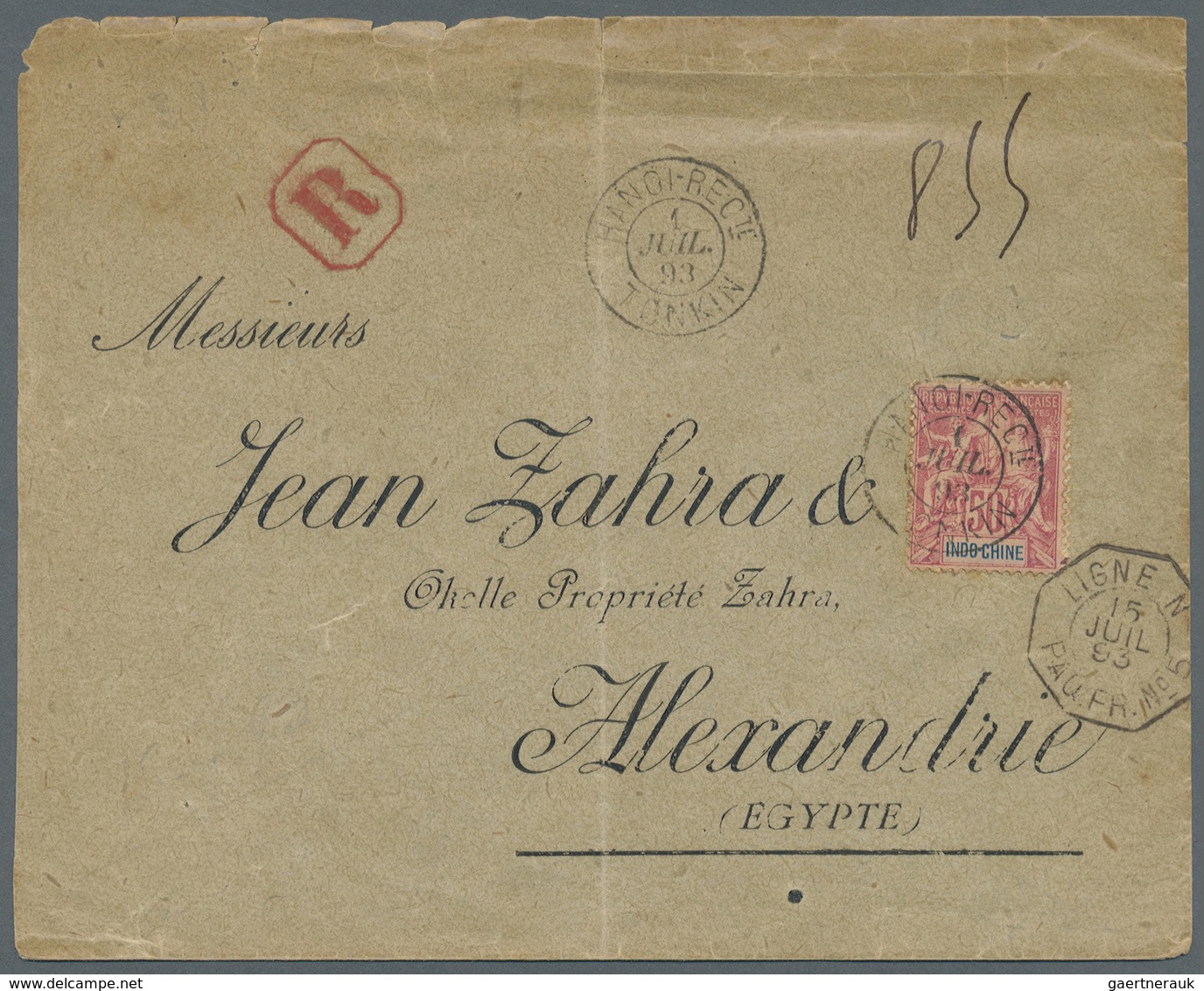 Br Französisch-Indochina: 1893. Registered Envelope (opening Faults And Vertical Crease) To Egypt Beari - Brieven En Documenten