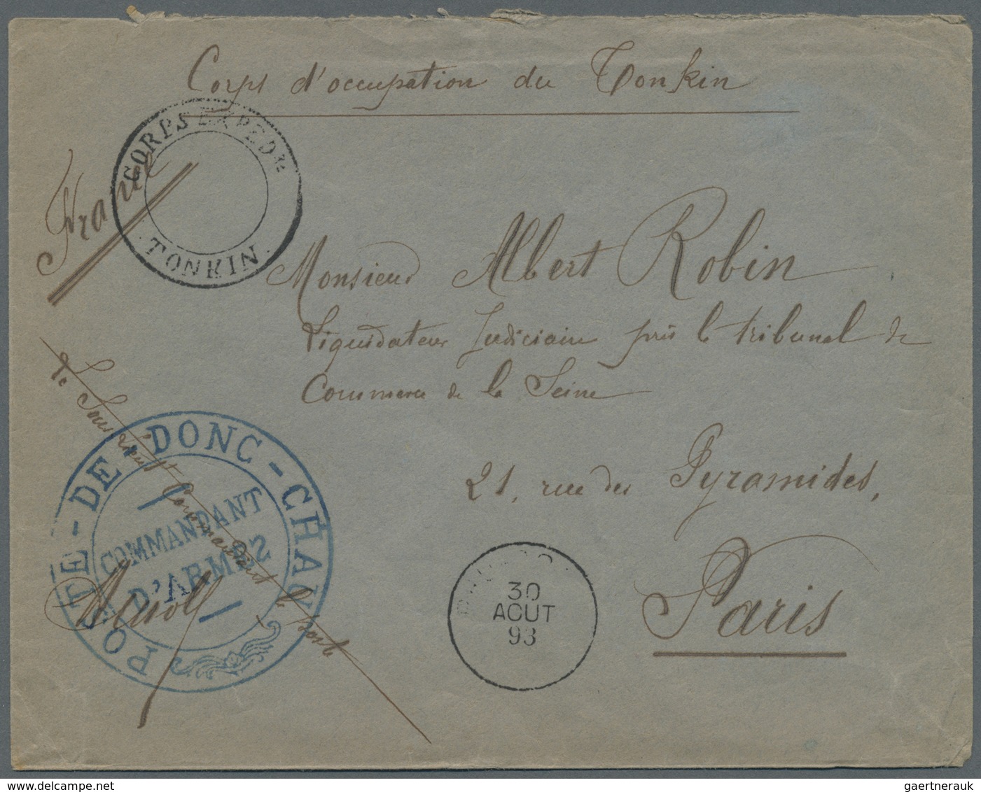 Br Französisch-Indochina: 1893. Stampless Envelope Addressed To Paris Endorsed 'Corps D 'Occupation Du - Brieven En Documenten