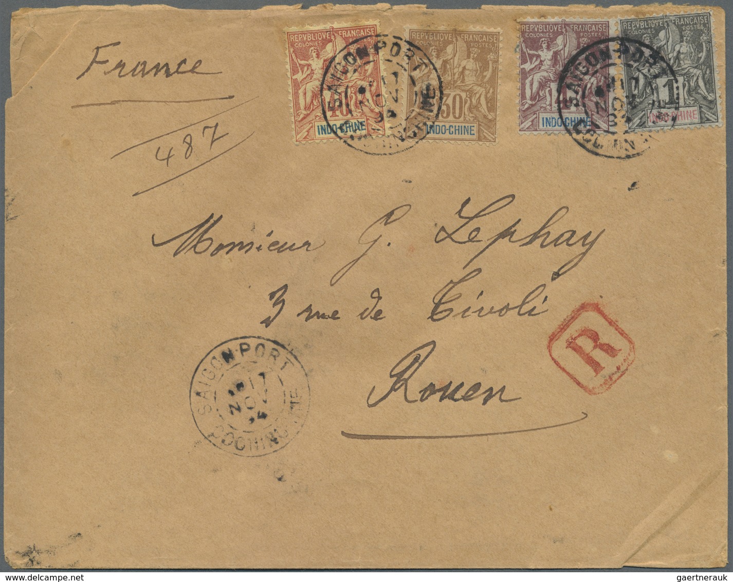 Br Französisch-Indochina: 1894. Registered Envelope (roughly Opened) To France Bearing Lndo-China Yvert - Brieven En Documenten