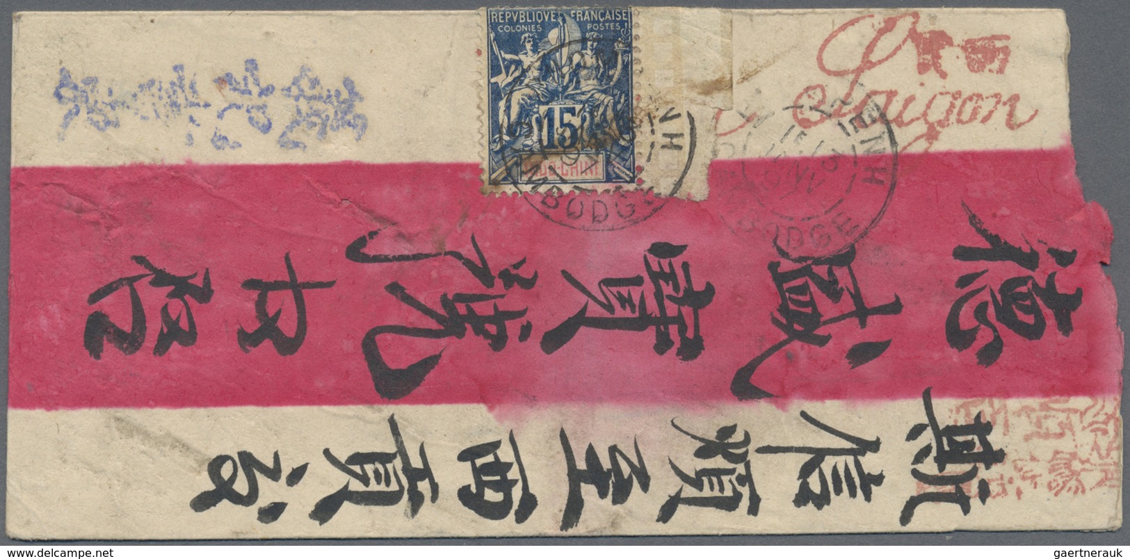 Br Französisch-Indochina: 1897. Red Band Envelope (roughly Opened At Right) Addressed To Saigon Bearing - Brieven En Documenten