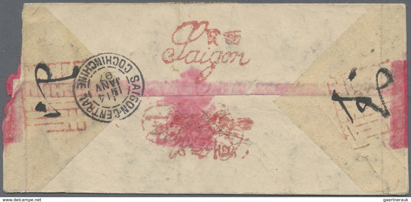 Br Französisch-Indochina: 1897. Red Band Envelope (roughly Opened At Right) Addressed To Saigon Bearing - Brieven En Documenten