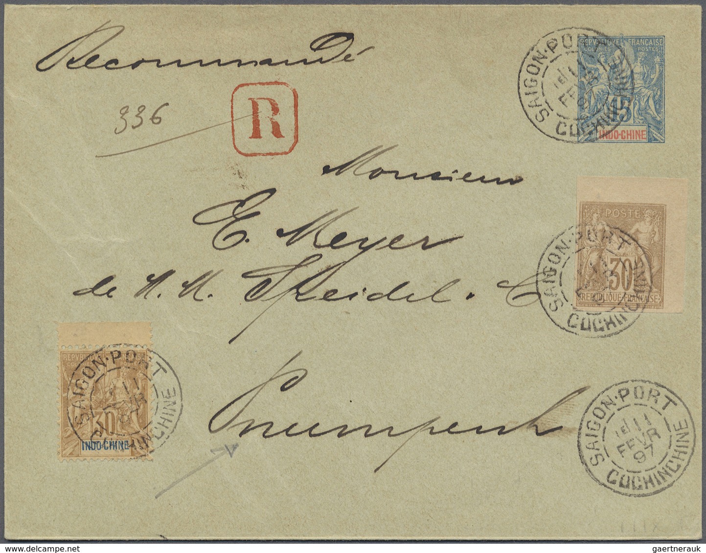 GA Französisch-Indochina: 1897. Registered Indo-China Postal Stationery Envelope 15c Blue Upgraded With - Brieven En Documenten