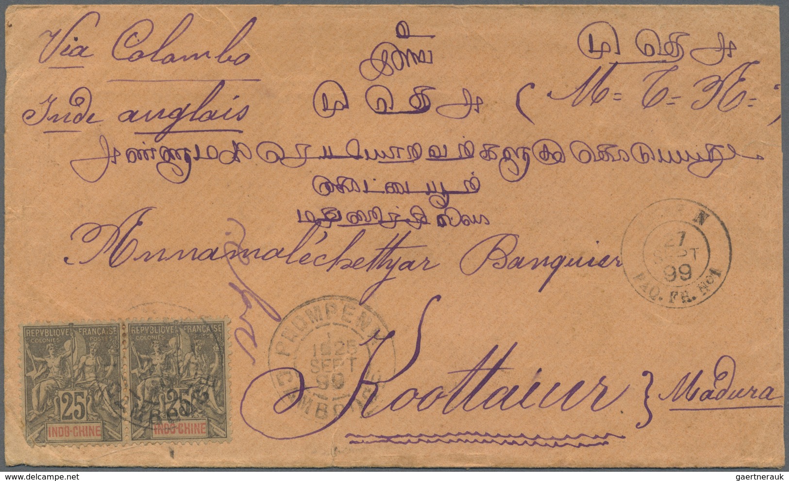 Br Französisch-Indochina: 1899, Two Envelopes Each Franked With 25 C. Allegory Sent From PNOMPEN; CAMBO - Brieven En Documenten