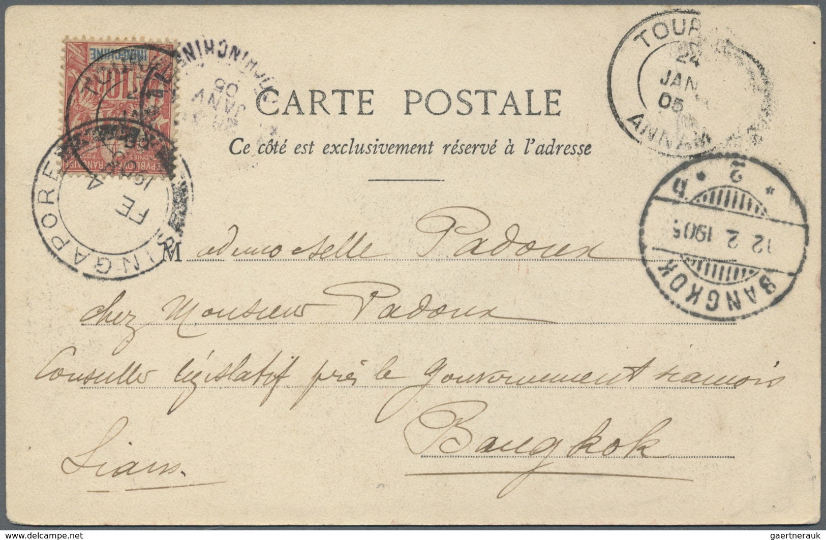 Br Französisch-Indochina: 1901, 10 C Carmine/blue, Obviously Precancelled With Part Of Cds TOURANE / AN - Brieven En Documenten