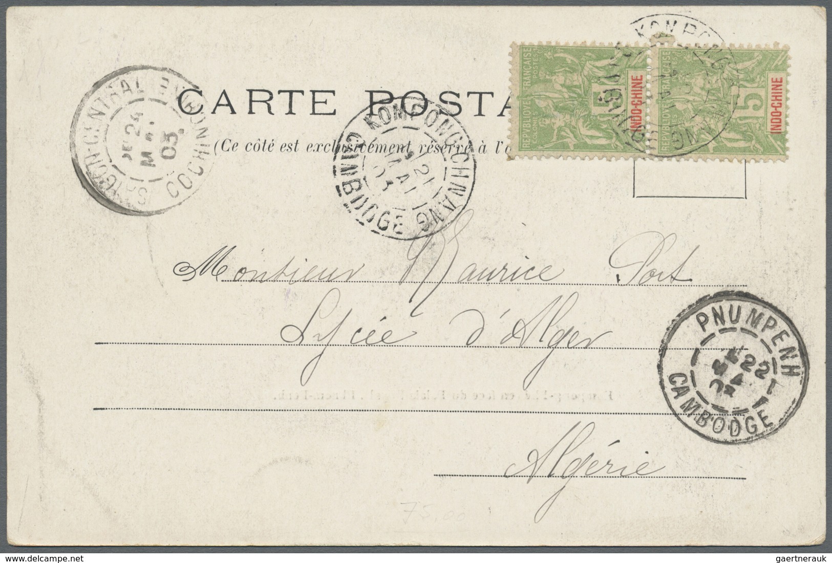 Br Französisch-Indochina: 1903. Picture Post Card Of 'Kompong-Phe, Pnom-Penh' Addressed To Algeria Bear - Covers & Documents