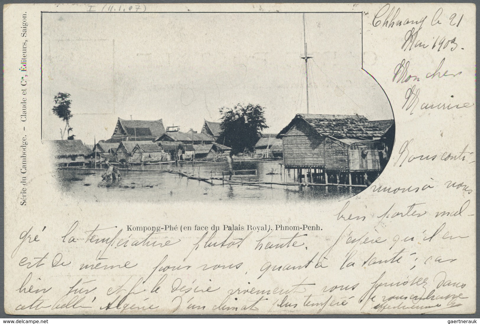 Br Französisch-Indochina: 1903. Picture Post Card Of 'Kompong-Phe, Pnom-Penh' Addressed To Algeria Bear - Covers & Documents