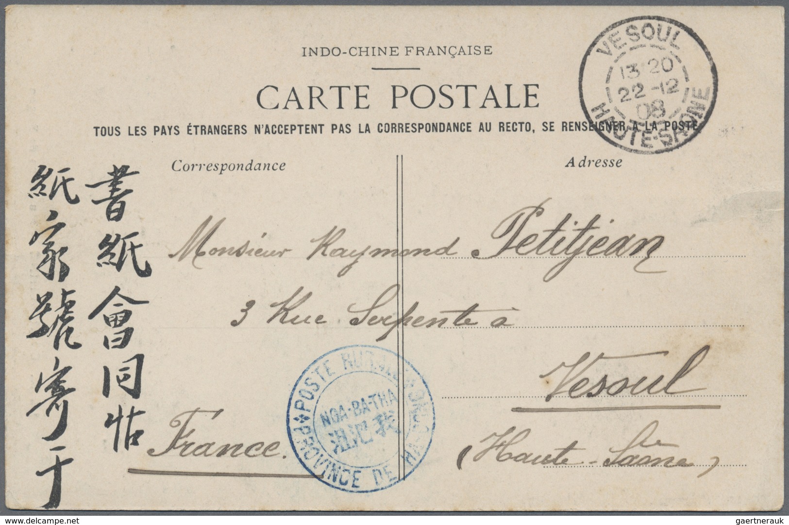 Französisch-Indochina: 1908, Blue "POSTE RURALE/NOA-BA-THA/PROVINCE DE HADONG" On Ppc  W. On Viewsid - Brieven En Documenten