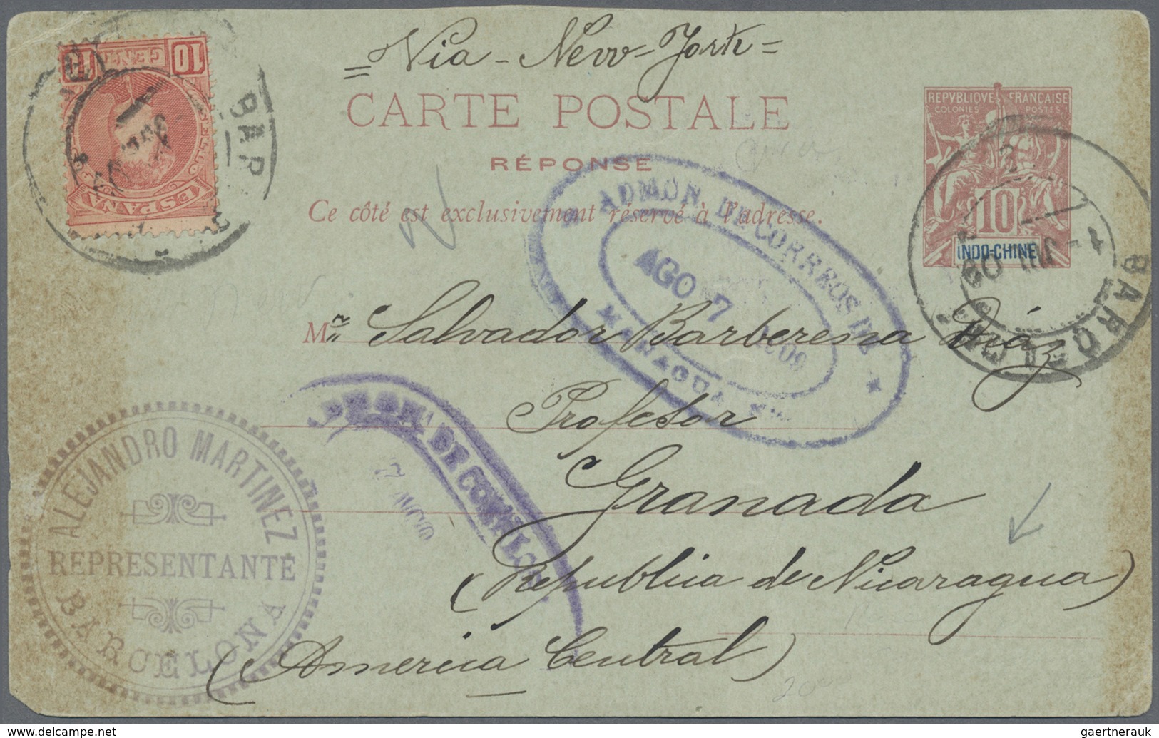 GA Französisch-Indochina: 1909, UPU Reply Card 10 C. Uprated Spain 10 C. Used "BARCELONA 1 JUL 09" To N - Brieven En Documenten
