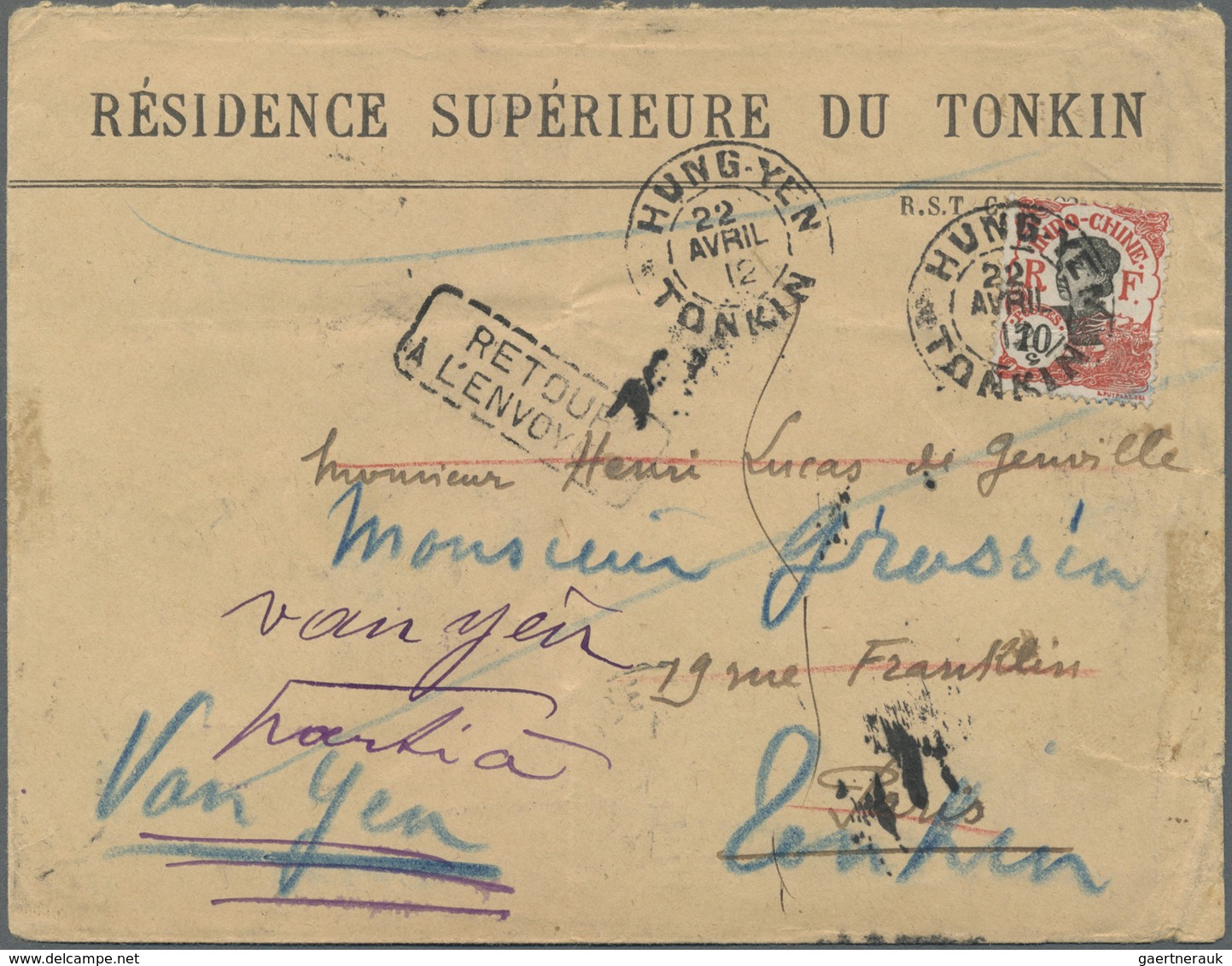 Br Französisch-Indochina: 1912. Envelope (vertical Fold, Creased) Headed 'Residence Superieure Du Tonki - Brieven En Documenten