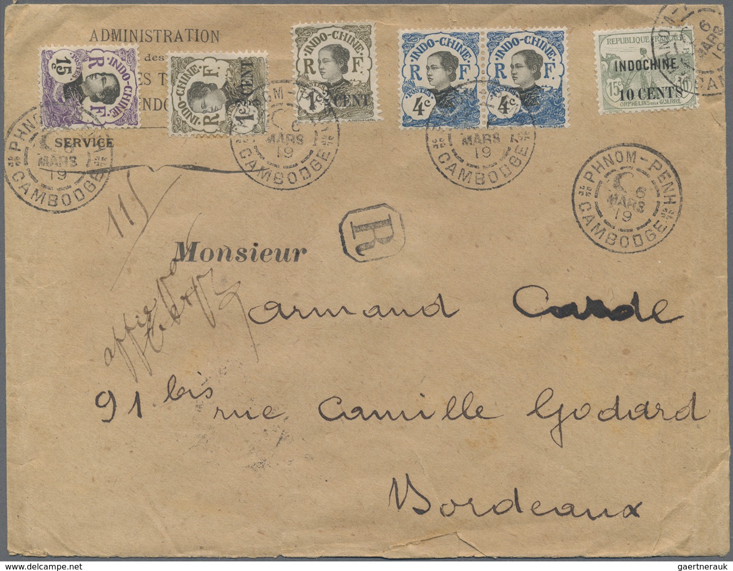 Br Französisch-Indochina: 1919. Registered Envelope (opening Faults) Addressed To Bordeaux Bearing Lndo - Brieven En Documenten