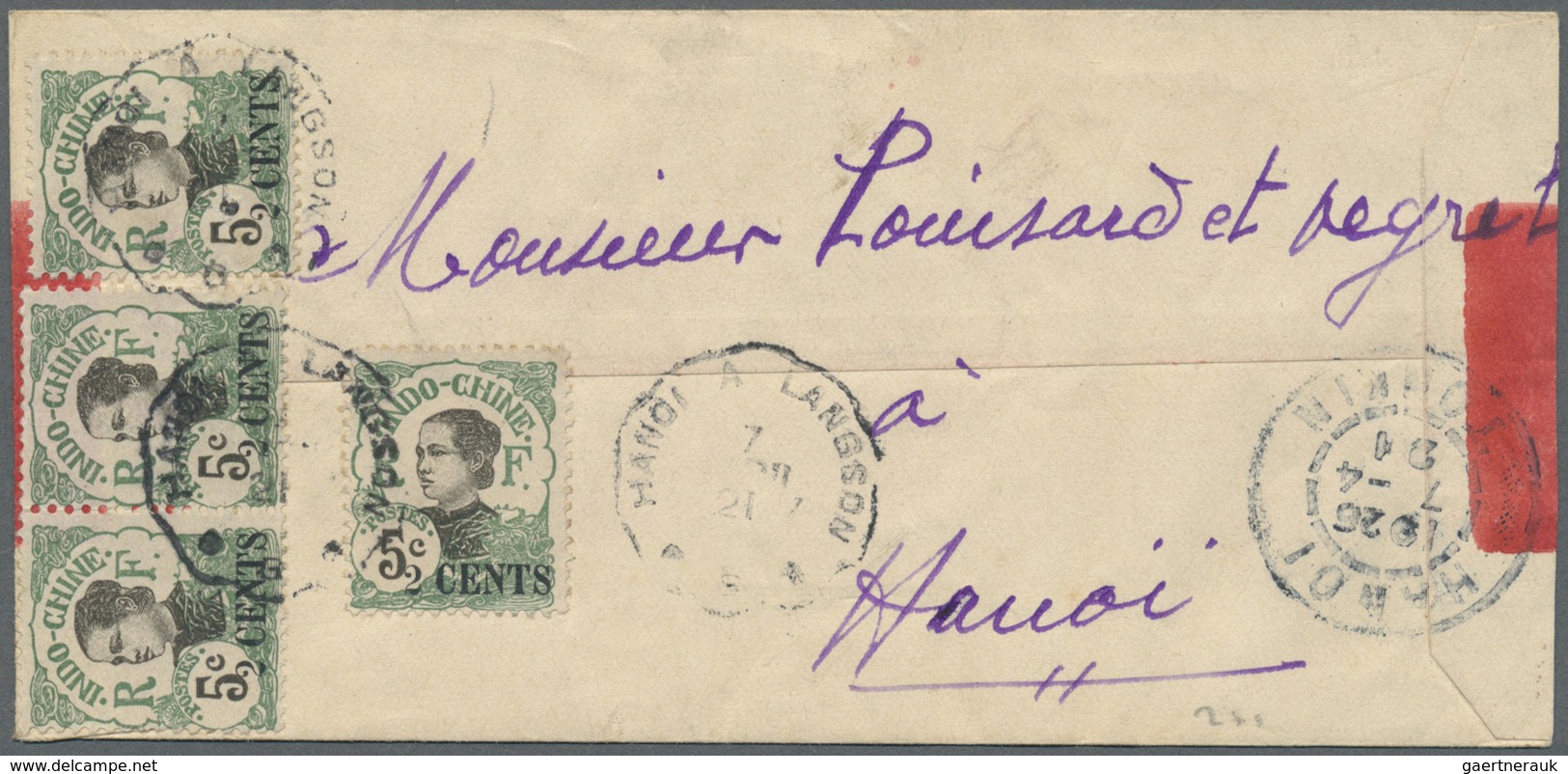 Br Französisch-Indochina: 1921. Red Band Envelope Addressed To Hanoi Bearing Lndo-Chine SG 91, 2c On 5c - Brieven En Documenten