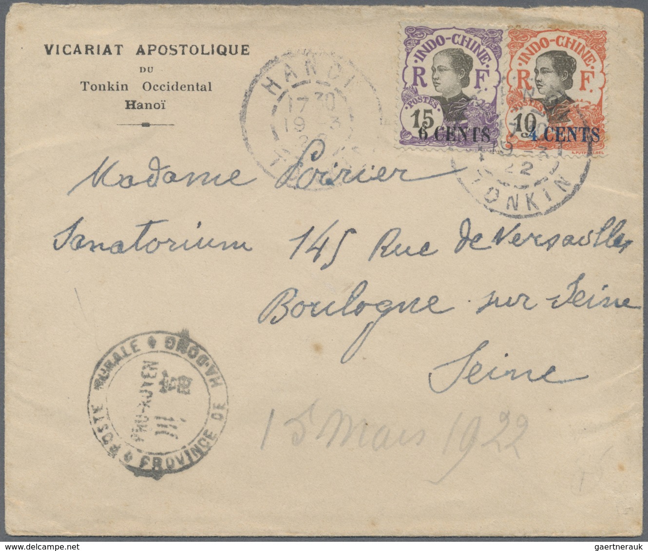 Br Französisch-Indochina: 1922. Envelope Headed 'Vicariat Apostolique' Addressed To France Cancelled By - Brieven En Documenten