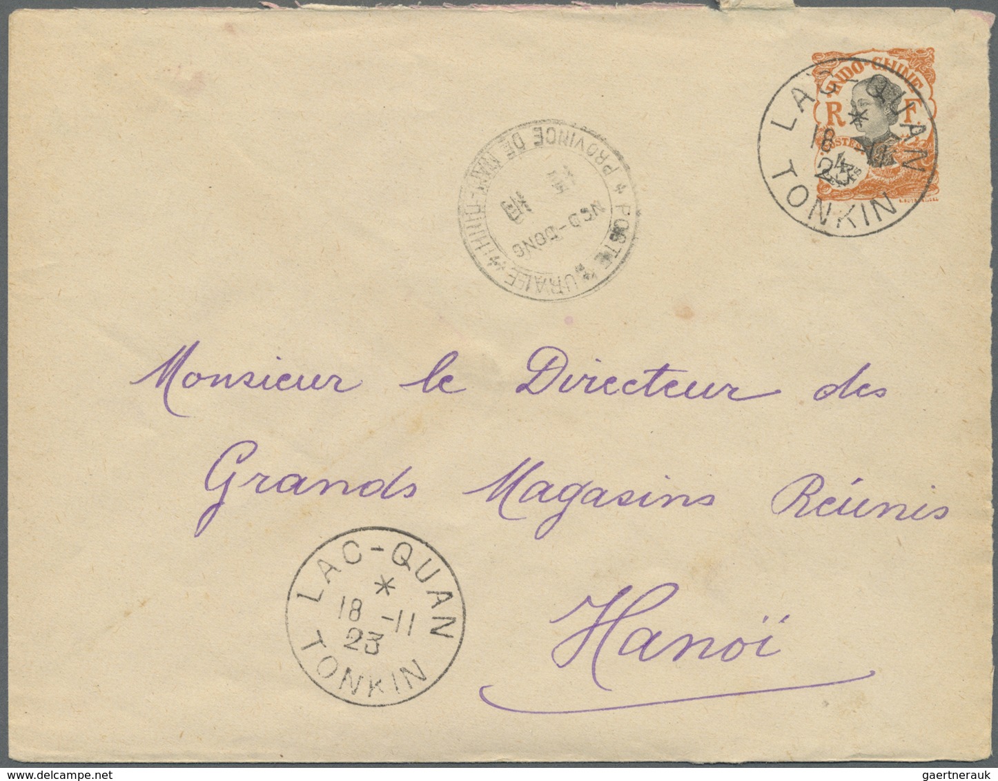 GA Französisch-Indochina: 1923. Postal Stationery Envelope 4c Orange Addressed To Hanoi Cancelled By 'P - Brieven En Documenten