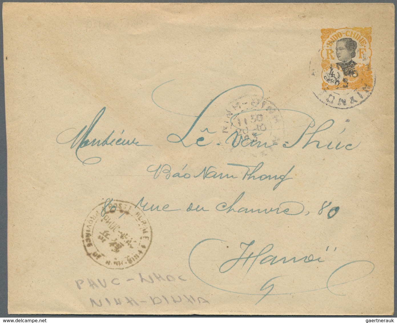 GA Französisch-Indochina: 1923. Postal Stationery Envelope (toned) 4c Orange Addressed To Hanoi Cancell - Brieven En Documenten