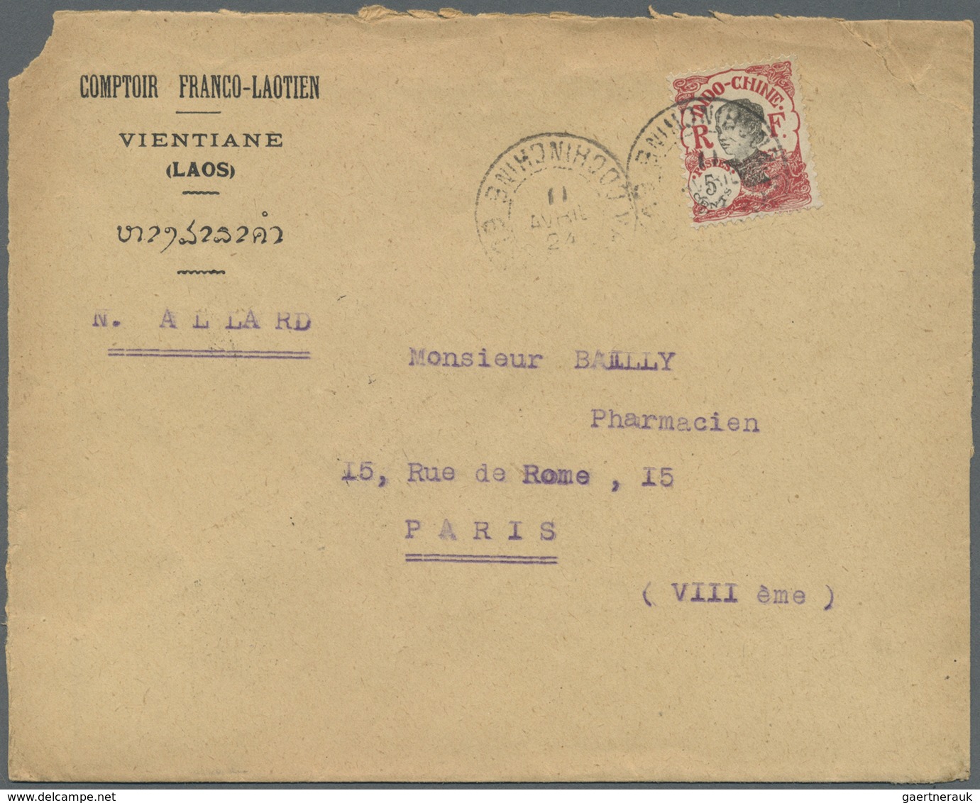 Br Französisch-Indochina: 1924. Envelope (faults) Headed 'Comptoir Franco-Laotian/Vientiane/Laos' Addre - Brieven En Documenten