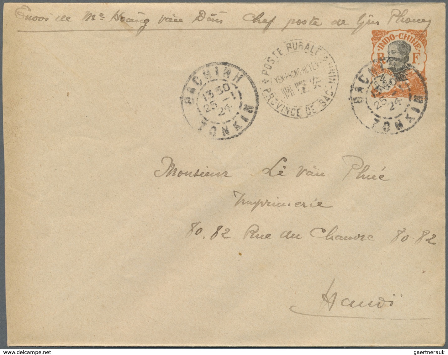 GA Französisch-Indochina: 1924. Postal Stationery Envelope 4c Orange Addressed To Hanoi Cancelled By 'P - Brieven En Documenten