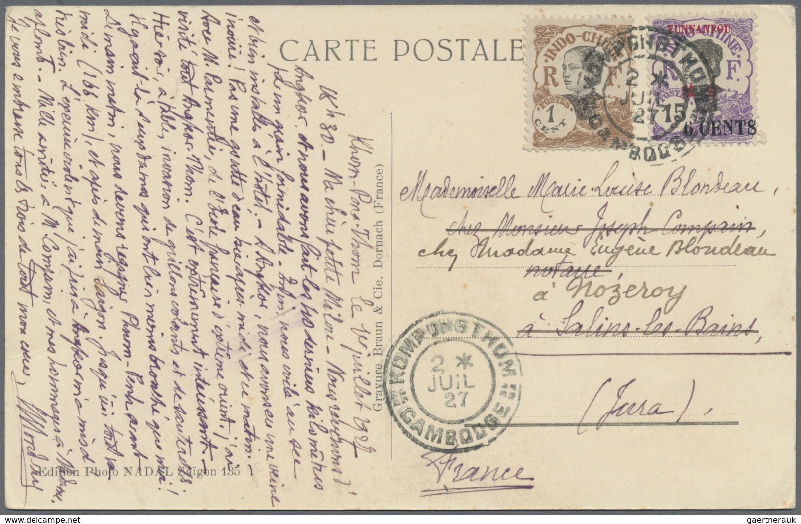 Br Französisch-Indochina: 1927. Picture Post Card Of 'Angkor-Thom' Addressed To France Bearing Indo-Chi - Brieven En Documenten