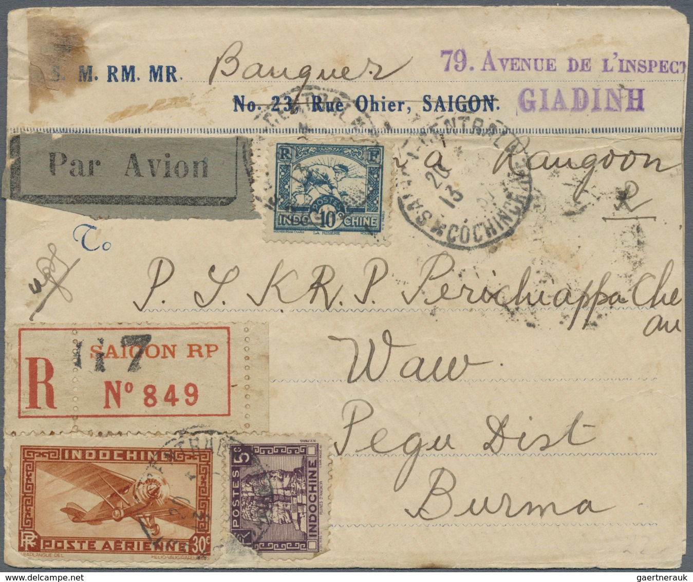 Französisch-Indochina: 1929/37, Indochine-Saigon-Burma Three Better Franked Registerd Covers, All Se - Brieven En Documenten