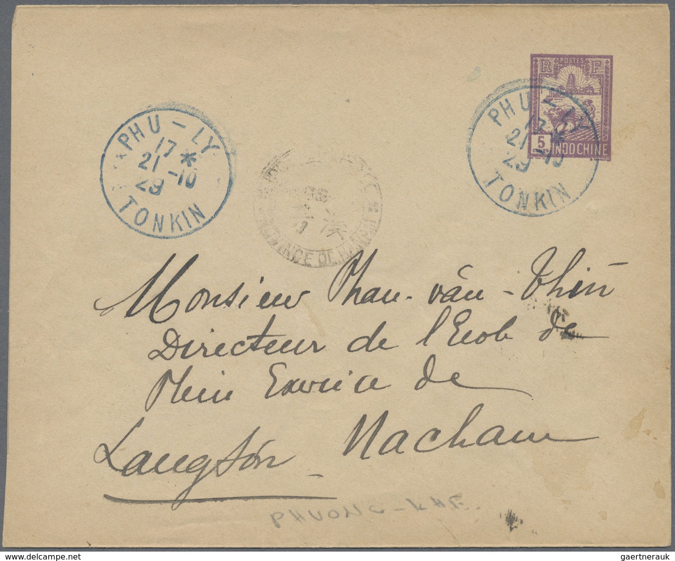 GA Französisch-Indochina: 1929. Postal Stationery Envelope 5c Violet Addressed To Lang-Son Cnacelled By - Brieven En Documenten