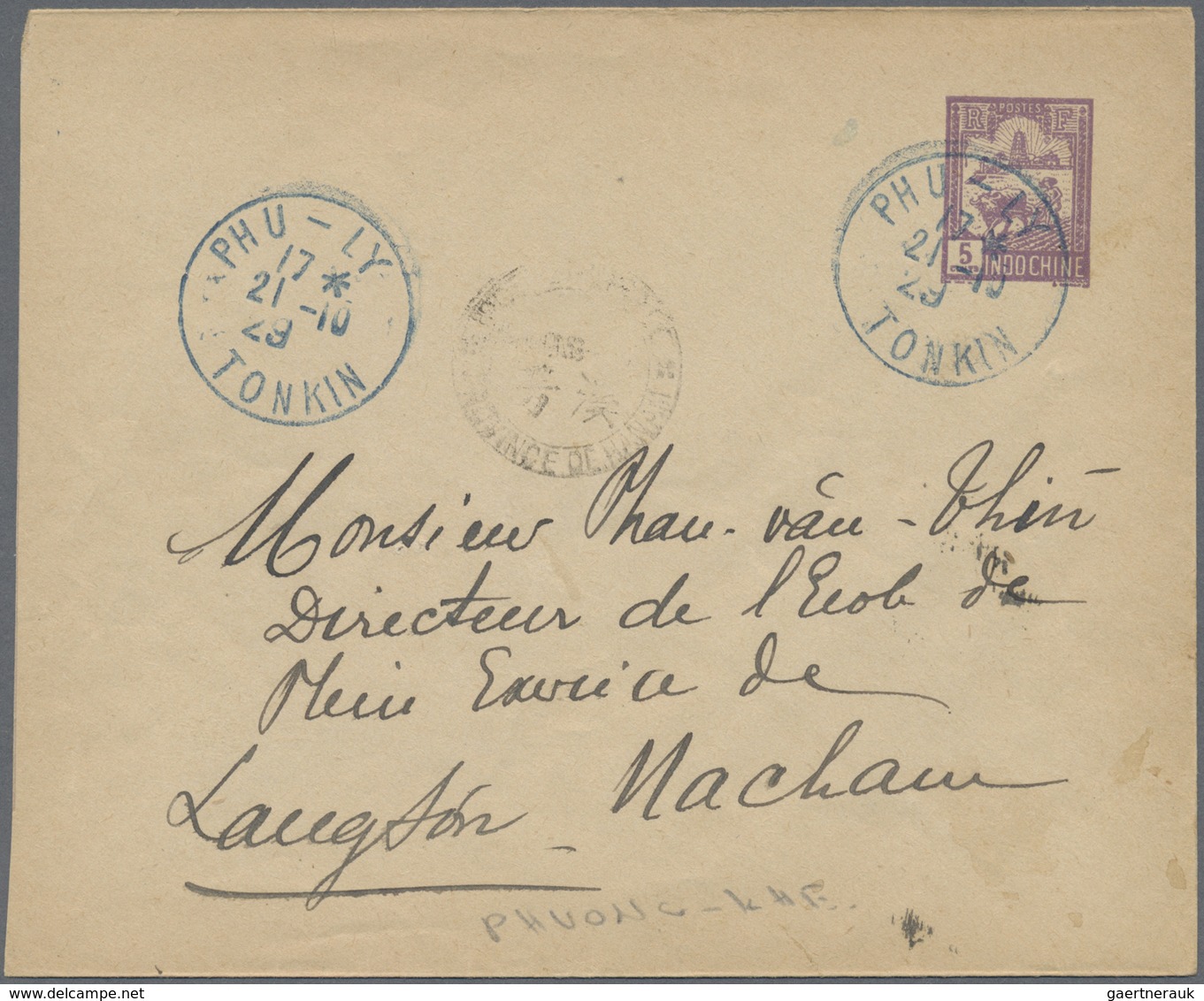 GA Französisch-Indochina: 1929. Postal Stationery Envelope 5c Violet Addressed To Lang-Son Cnacelled By - Covers & Documents