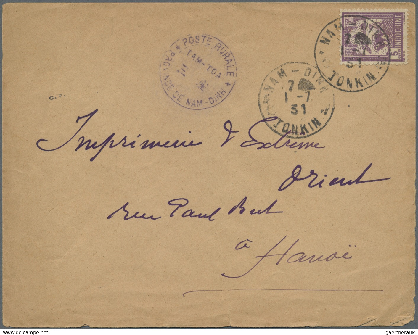 Br Französisch-Indochina: 1931. Envelope Addressed To Hanoi Bearing SG 144, 5c Violet Tied By Nam-Dinh/ - Brieven En Documenten