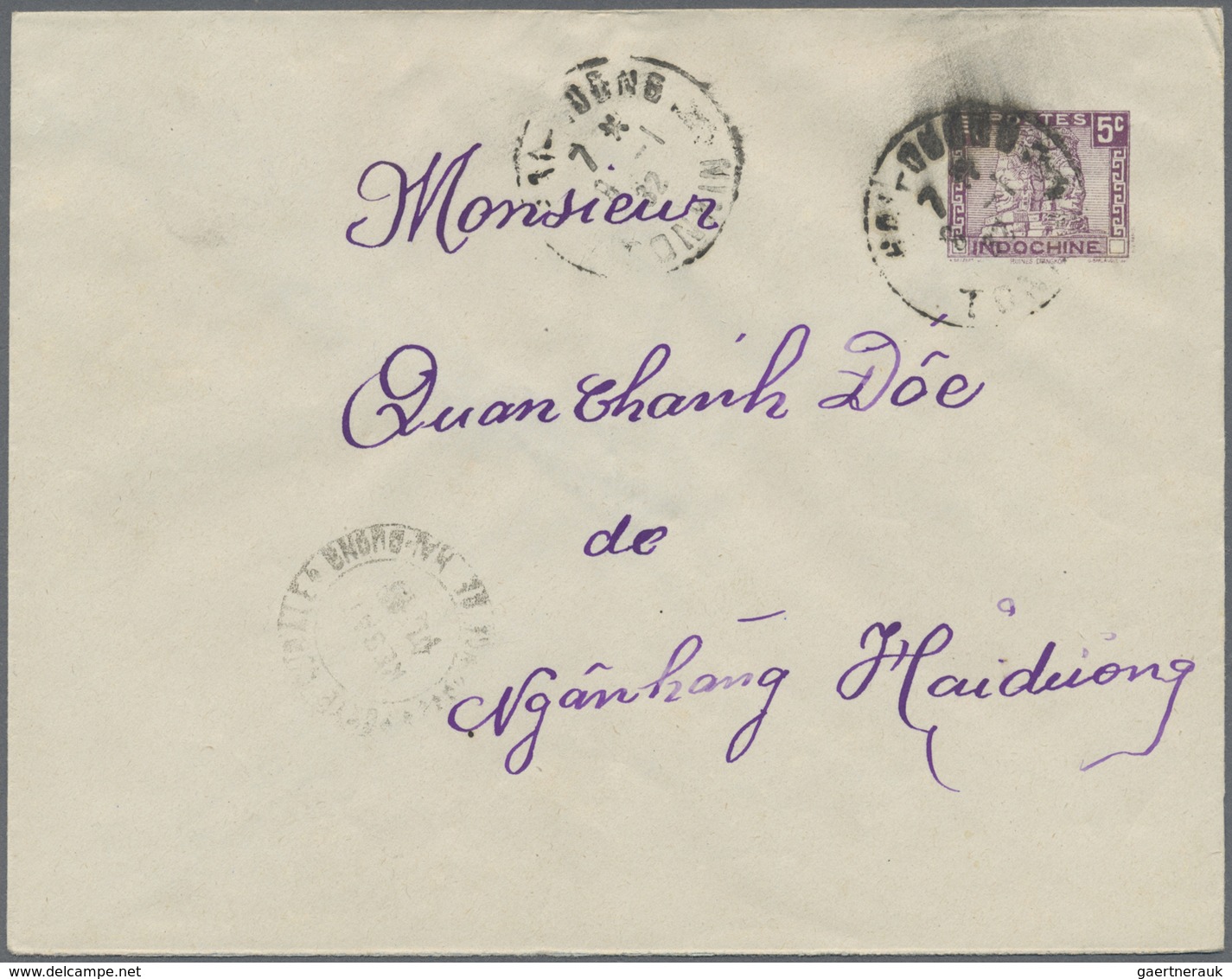 GA Französisch-Indochina: 1932. Postal Stationery Envelope 5c Violet Addressed To Hgan-Hang Cancelled B - Brieven En Documenten