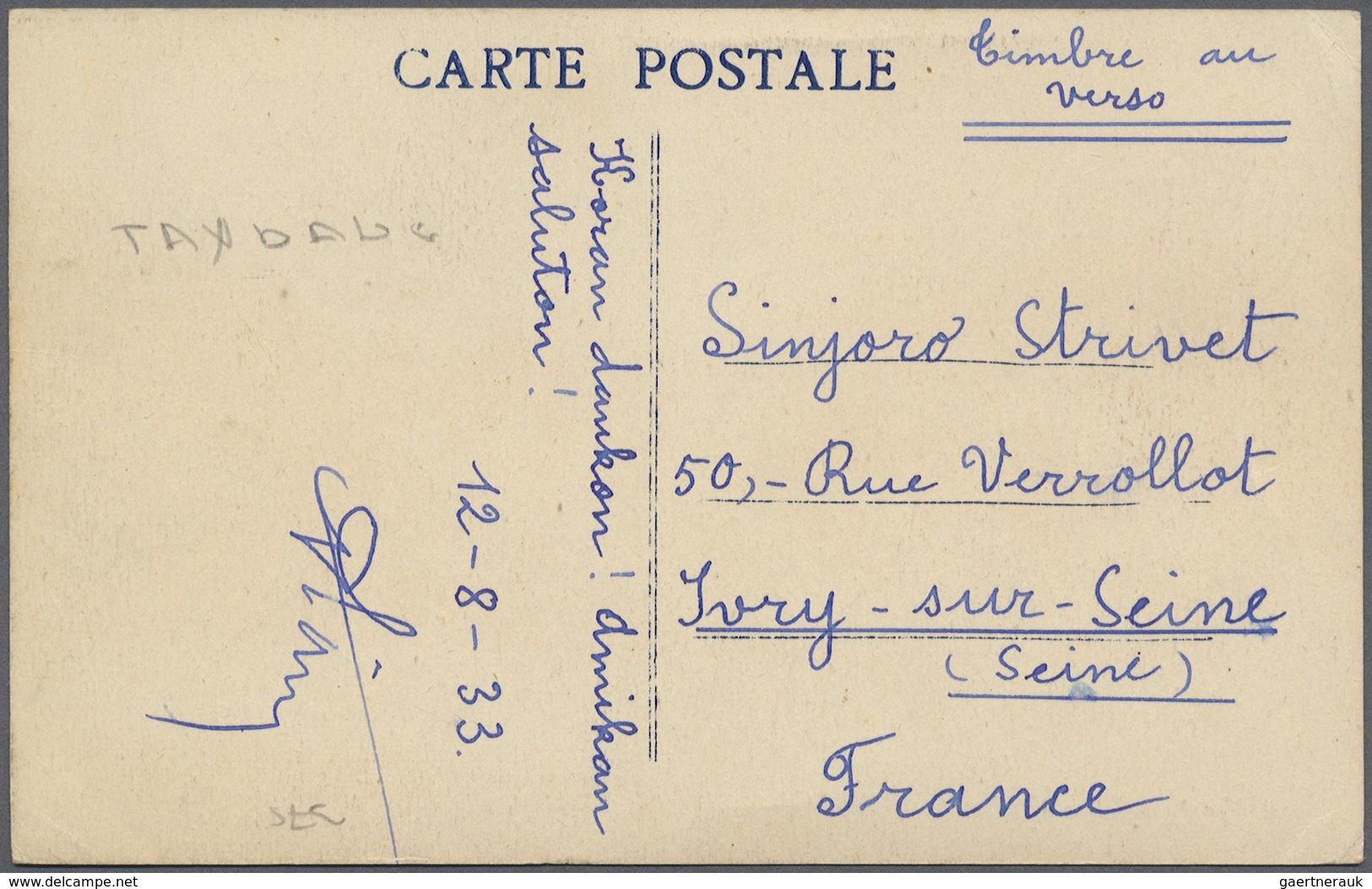 Br Französisch-Indochina: 1933. Picture Post Card Of 'Palais Du Government, Hanoi Addressed To France B - Brieven En Documenten