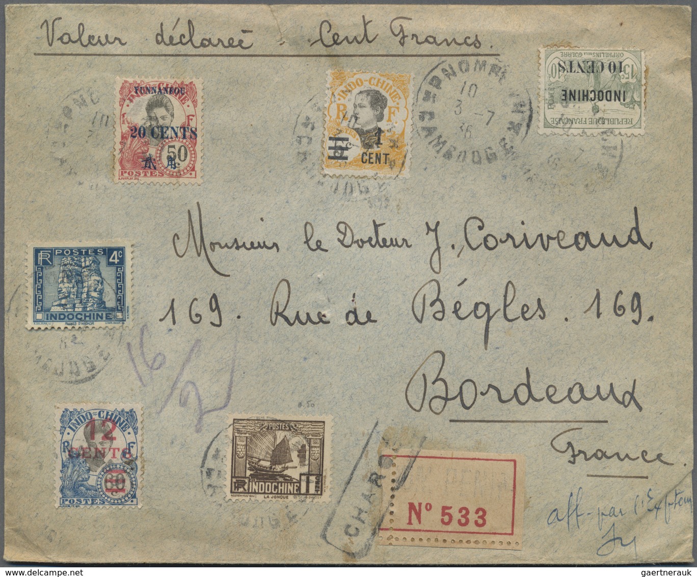 Br Französisch-Indochina: 1936. Registered And Charged Envelope Addressed To France Bearing Funnan-Sen - Brieven En Documenten