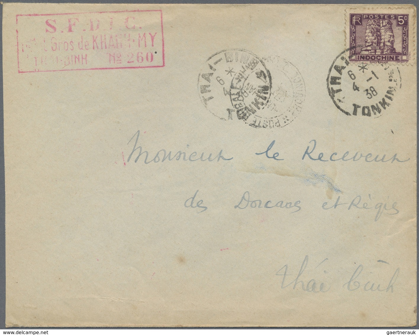 Br Französisch-Indochina: 1938. Envelope (toned) Addressed To Thai-binh Cancelled By 'Poste Rurale/Hung - Brieven En Documenten