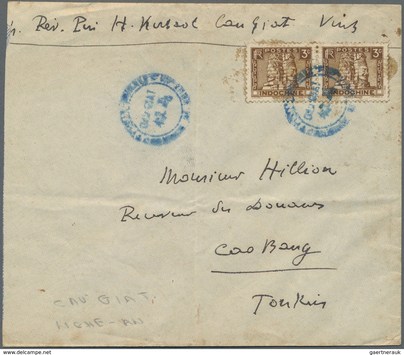 Br Französisch-Indochina: 1939. Envelope (horiz. And Vertical Fold, Shortened At Left, Minor Spots) Add - Brieven En Documenten