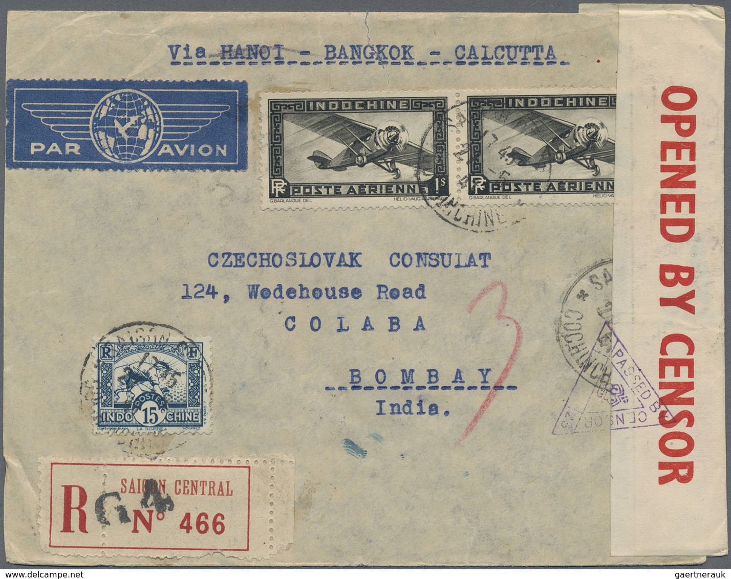 Br Französisch-Indochina: 1941. Registered Air Mail Envelope Addressed To Lndia Bearing French Indo-Chi - Brieven En Documenten