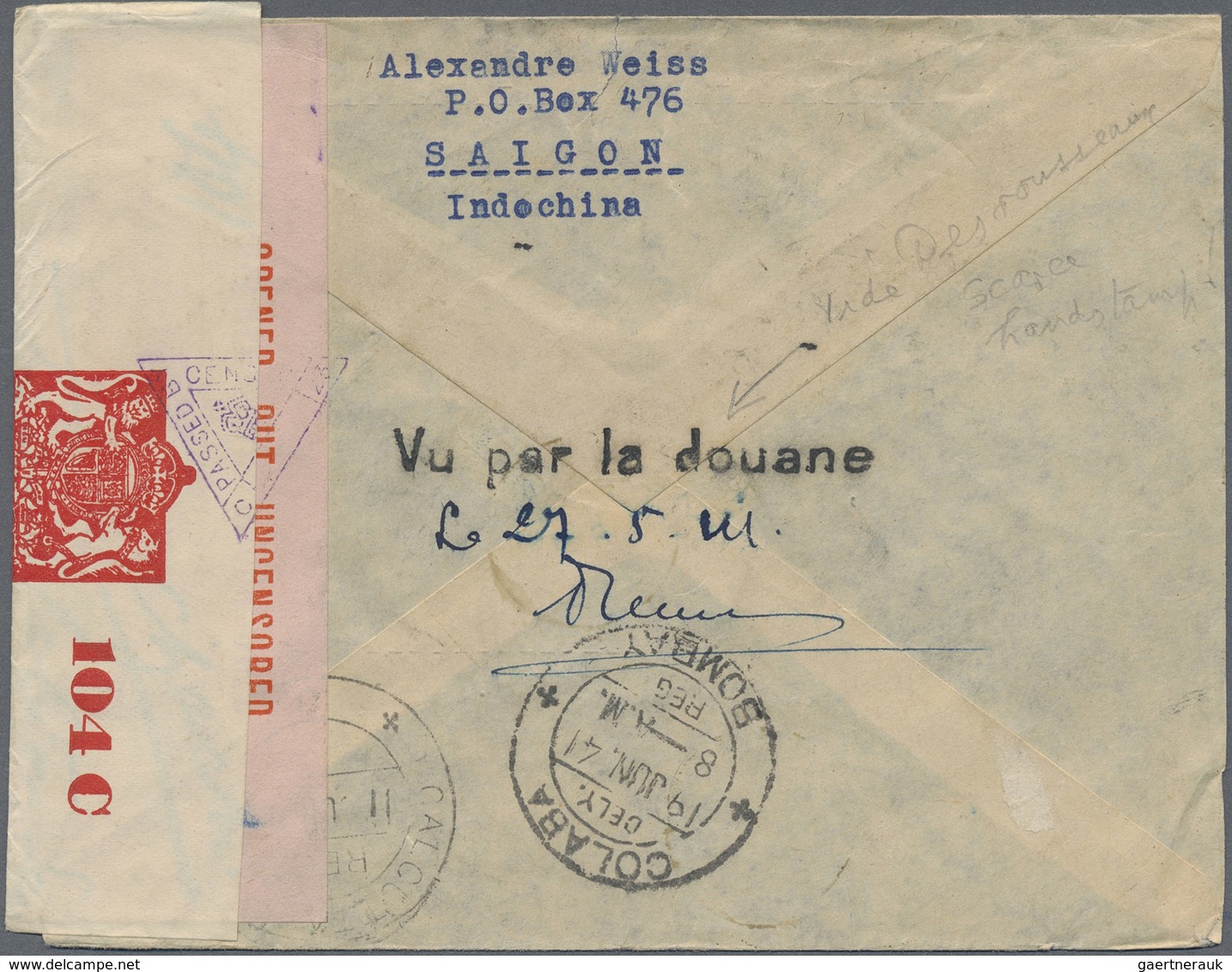 Br Französisch-Indochina: 1941. Registered Air Mail Envelope Addressed To Lndia Bearing French Indo-Chi - Brieven En Documenten