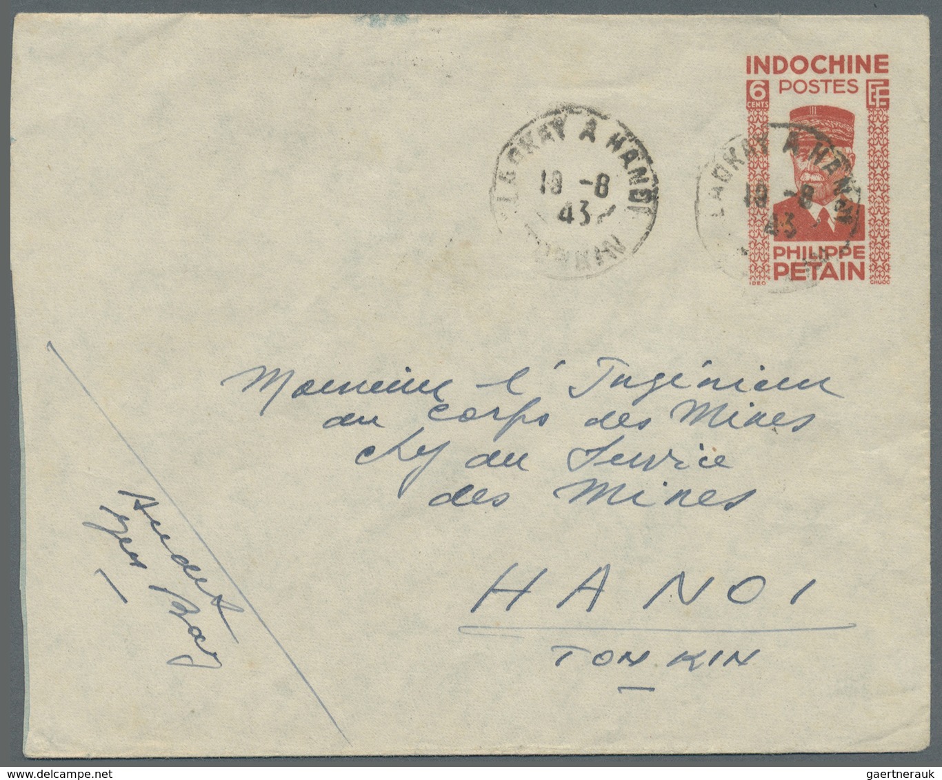 GA Französisch-Indochina: 1943. "Marshall Petain" Postal Stationery Envelope 6c Red (small Faults) Addr - Brieven En Documenten