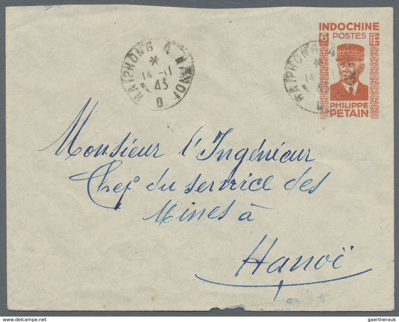 GA Französisch-Indochina: 1943. "Marshall Petain" Postal Stationery Envelope 6c Red (small Faults) Addr - Brieven En Documenten