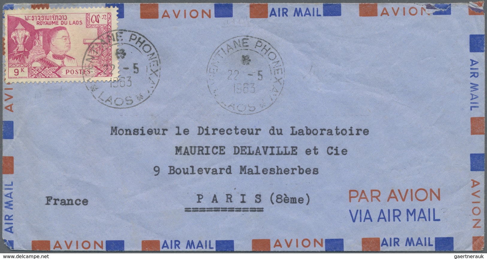 Br Französisch-Indochina: 1963. Air Mail Envelope Addressed To Paris Bearing Laos 91, 9k Magenta Tied B - Brieven En Documenten