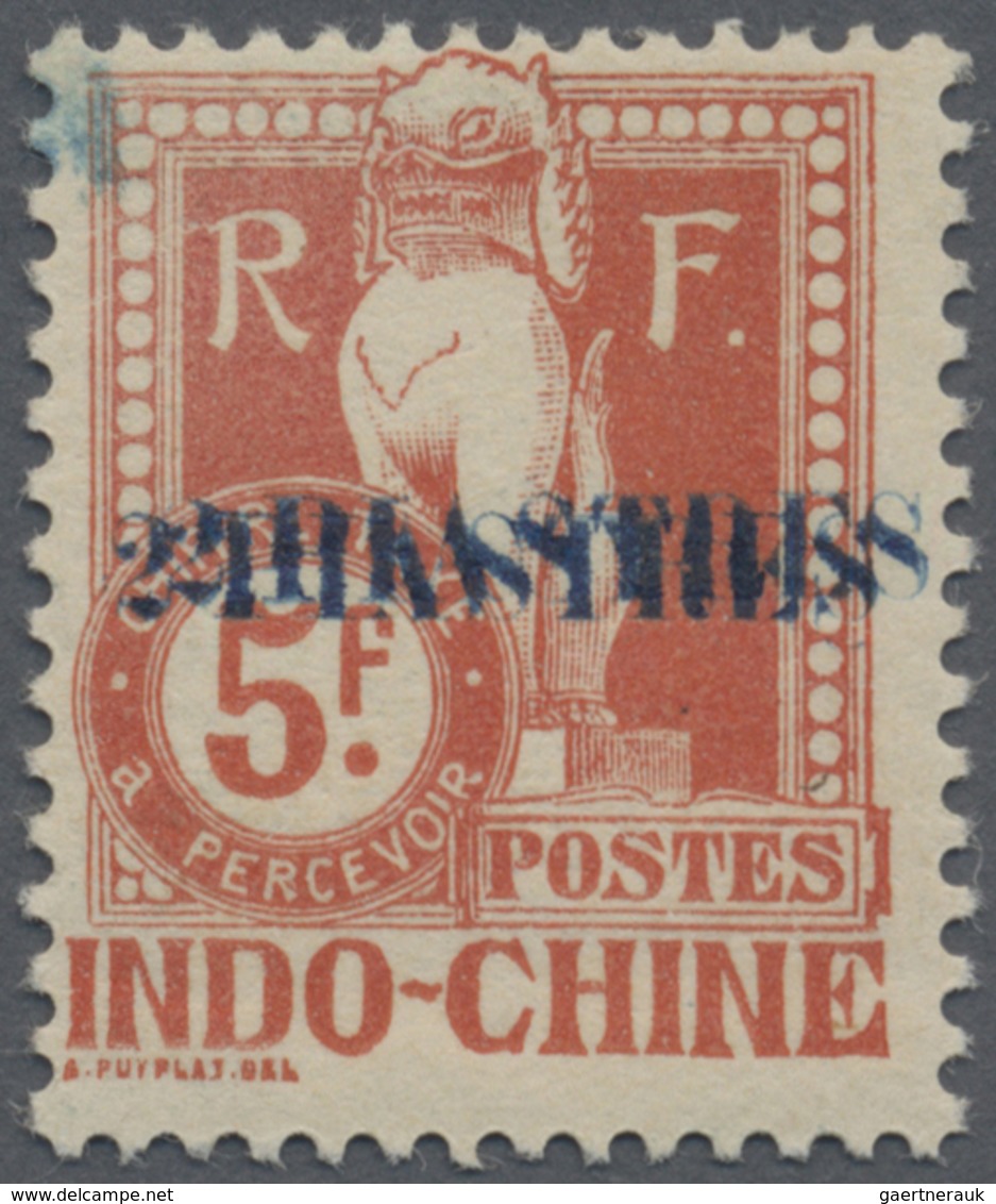 ** Französisch-Indochina - Portomarken: 1919, 2pi. On 5fr. Brick With Double Overprint And Blue Offset - Strafport