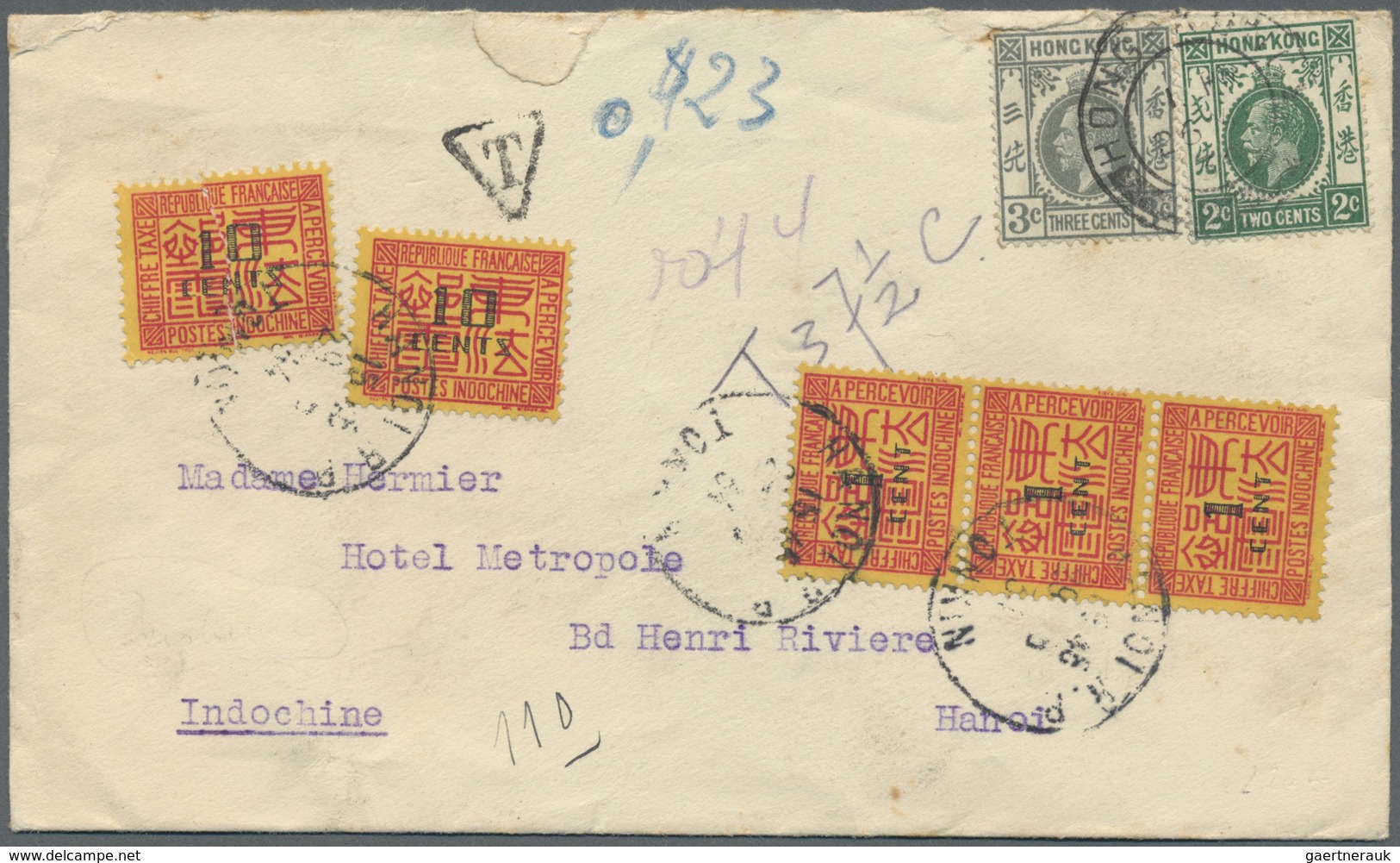 Br Französisch-Indochina - Portomarken: 1934. Envelope Addressed To Hanoi, French Lndo-China Bearing Ho - Strafport