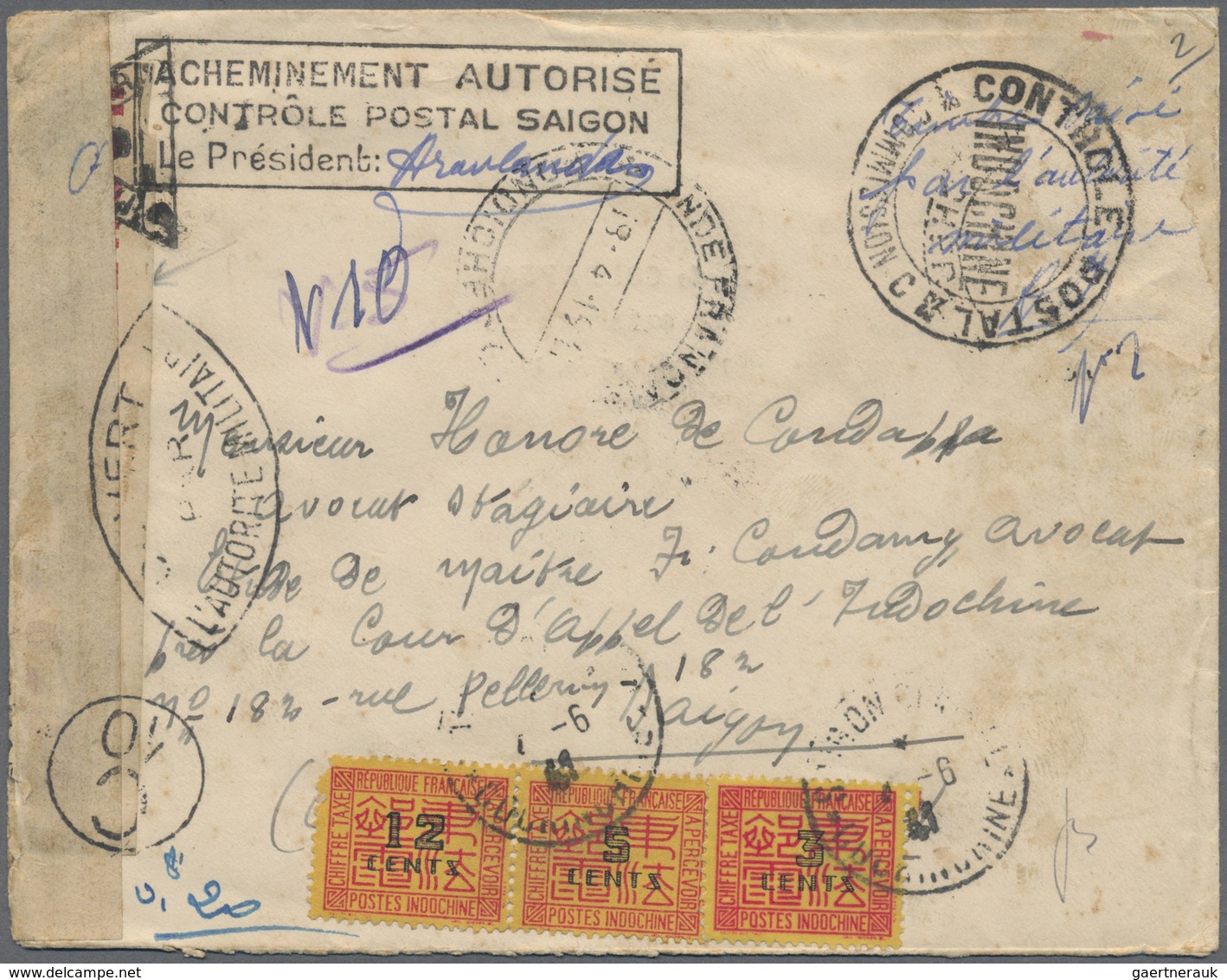 Br Französisch-Indochina - Portomarken: 1941. Stampless Envelope Written From Pondichery, French India - Strafport