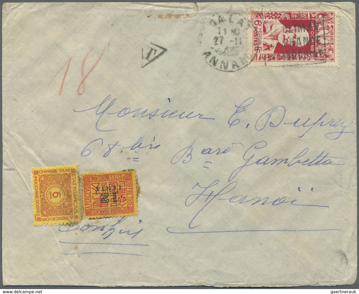 Br Französisch-Indochina - Portomarken: 1943, 6 C Red Single On Insufficiently Franked Cover From Dalat - Strafport