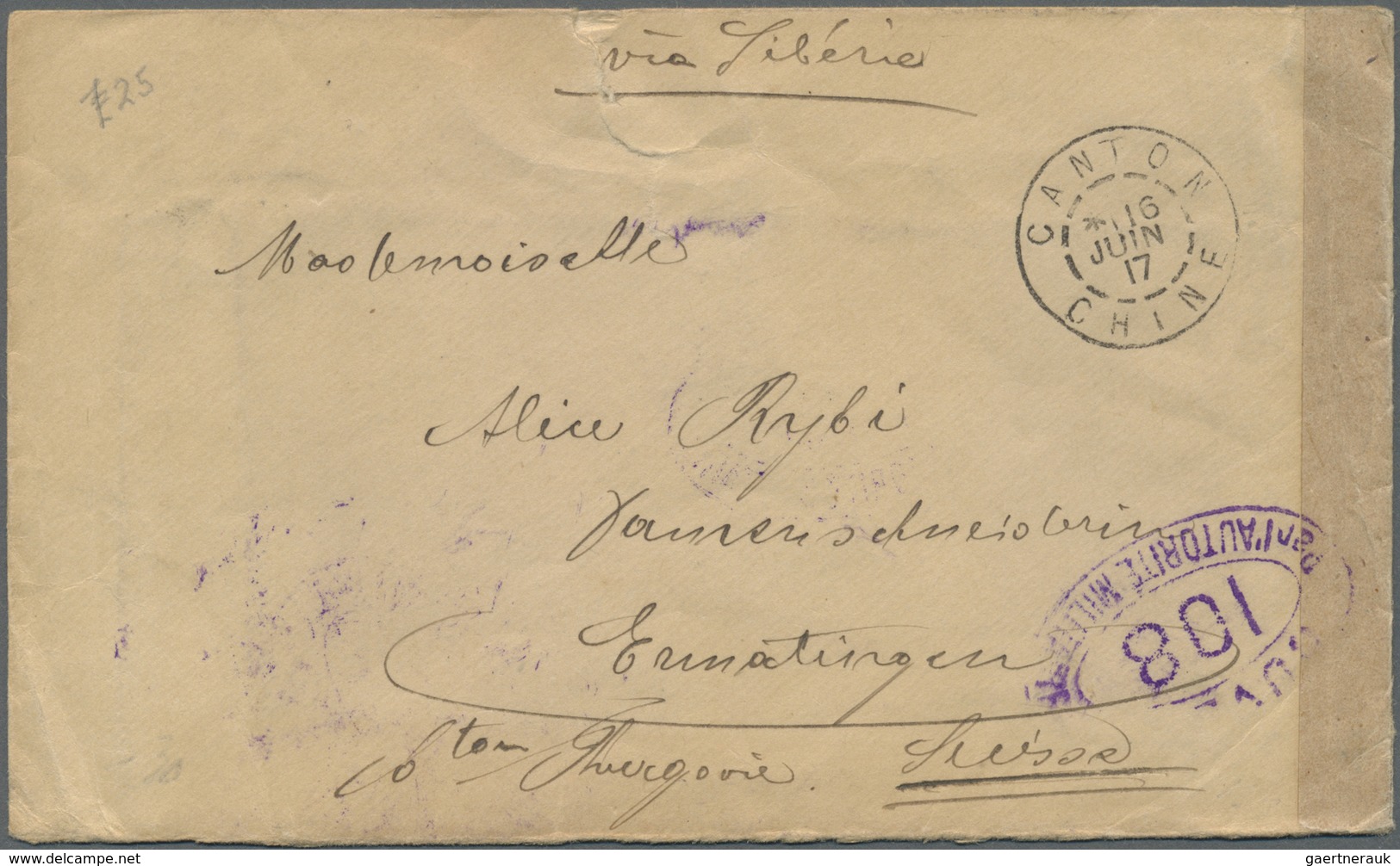 Br Französisch-Indochina - Postämter In Südchina: Canton, 1917. Censored Envelope (tear At Top) Address - Andere & Zonder Classificatie