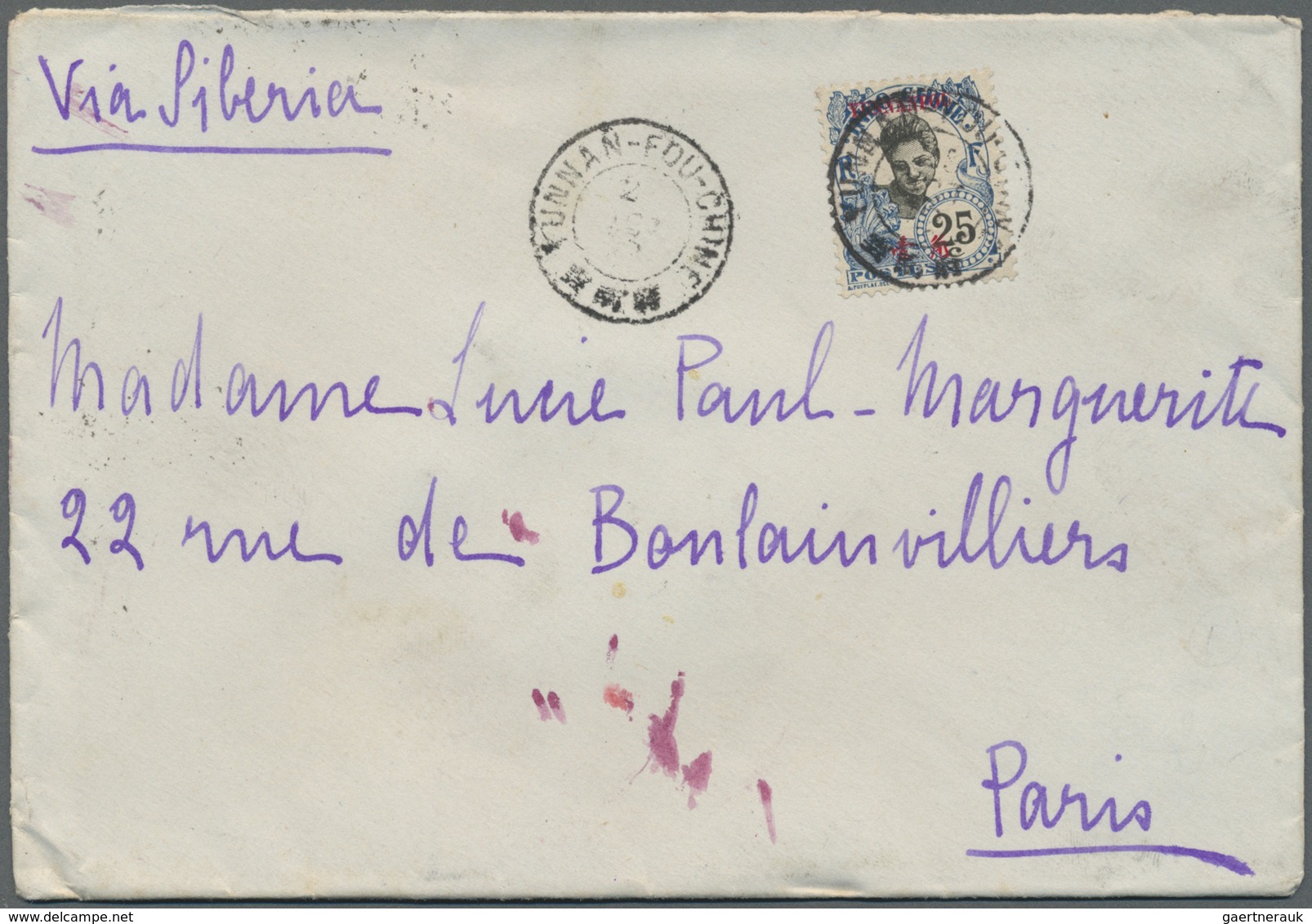 Br Französisch-Indochina - Postämter In Südchina: Yunnan, 1913. Envelope Addressed To France Bearing Yu - Andere & Zonder Classificatie