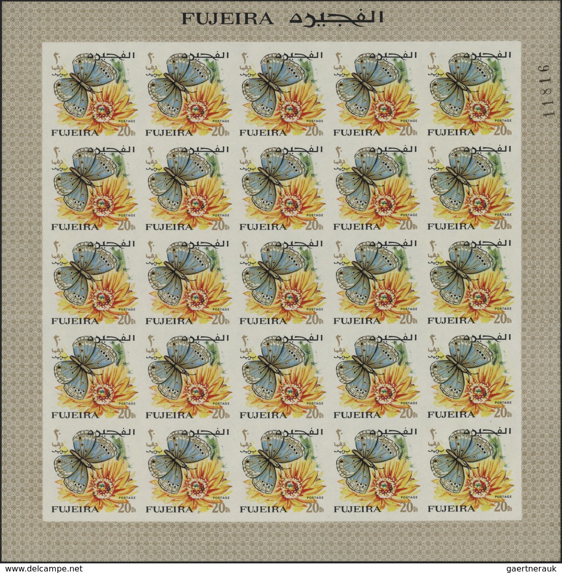 ** Fudschaira / Fujeira: 1967, Butterflies, imperforate issue, 1dh. to 5r., complete set of 27 values e