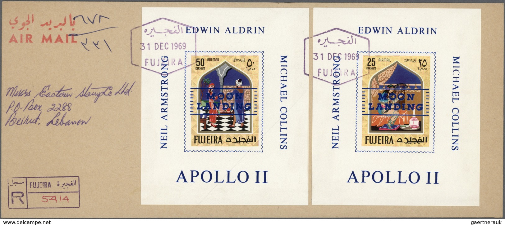 Br Fudschaira / Fujeira: 1969, MOON LANDING, Blue Overprint On Twelve DE LUXE SHEETS Of 1967 "One Thous - Fujeira