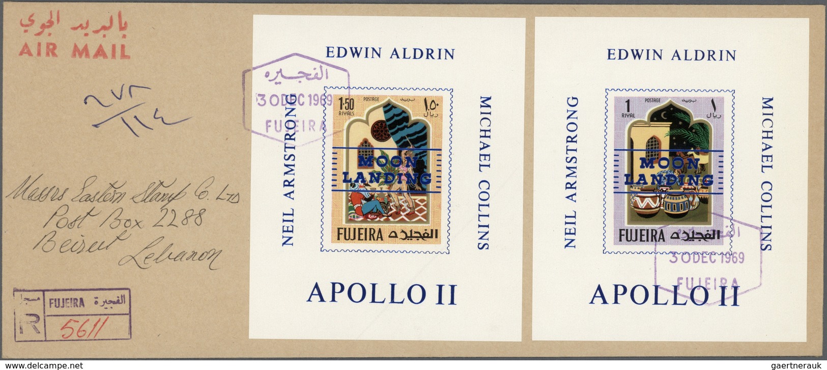 Br Fudschaira / Fujeira: 1969, MOON LANDING, blue overprint on twelve DE LUXE SHEETS of 1967 "One Thous