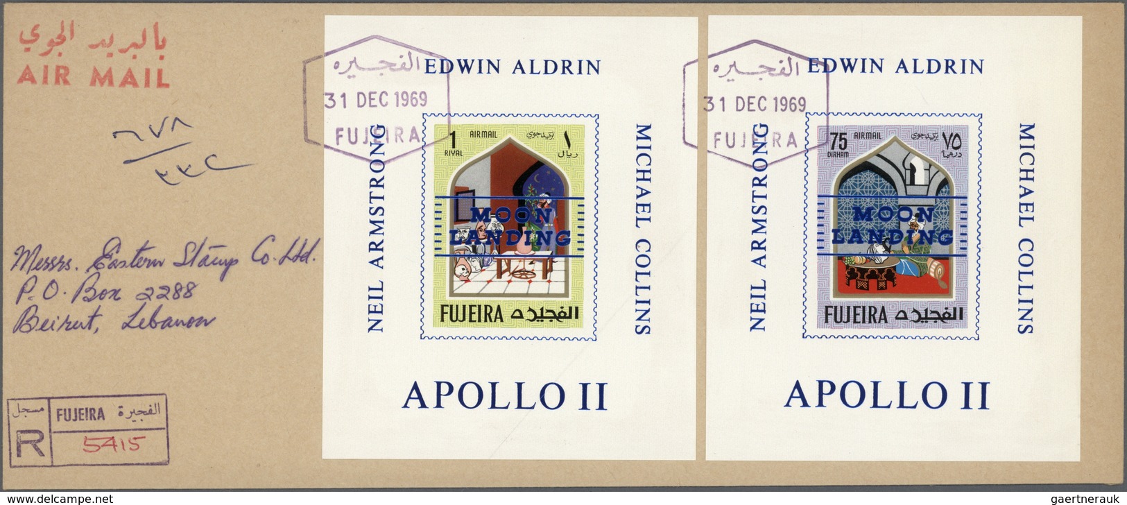 Br Fudschaira / Fujeira: 1969, MOON LANDING, blue overprint on twelve DE LUXE SHEETS of 1967 "One Thous