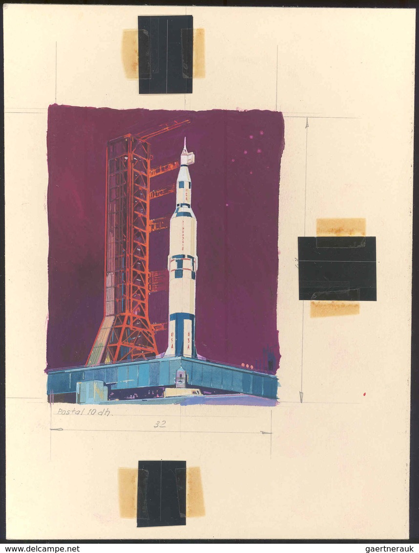 Fudschaira / Fujeira: 1969, ASTRONAUTICS, Final Drawing For Nomination 10Dh. "Abschußrampe, Saturn R - Fujeira