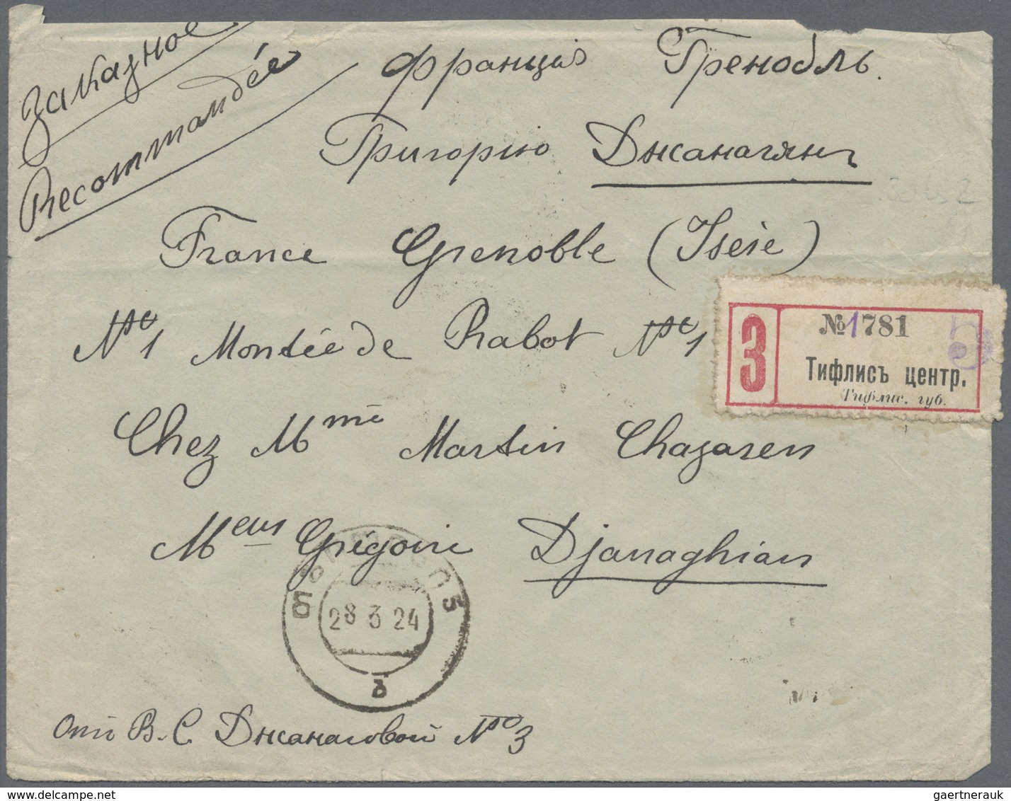 Br/GA Georgien: 1910/28,  russian period: correspondence of registered covers (2) resp. stationery card (1